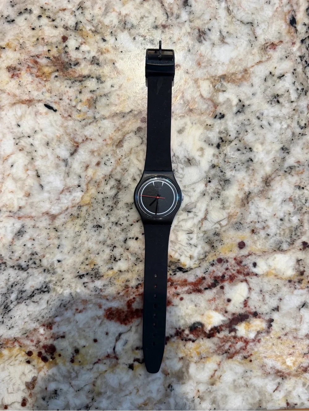 Swatch Black Silicone Watch with Red Hands and White Accents